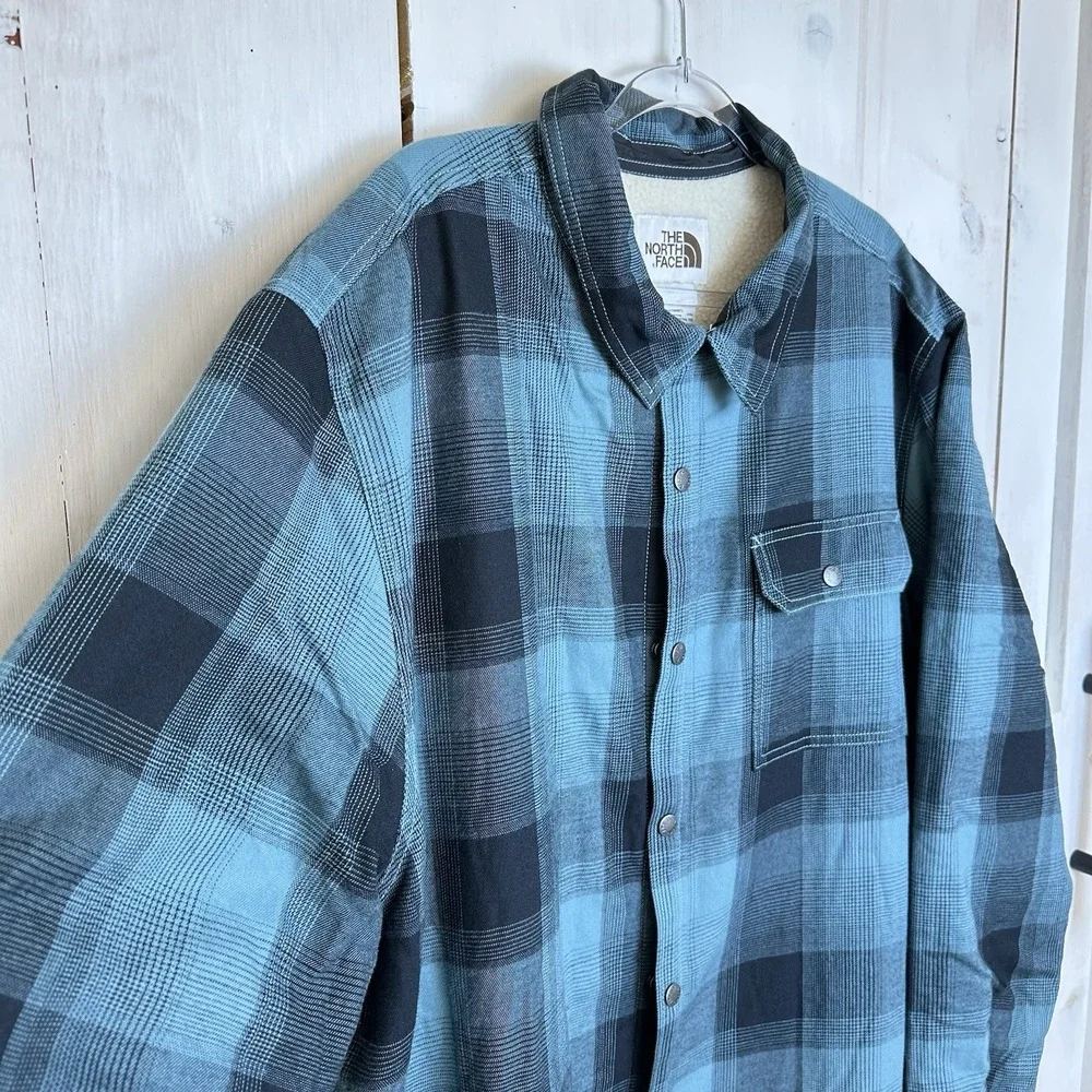 Men's The North Face Campshire Shirt Sz 3XL Sherpa Lined Snap Jacket Blue‎ Plaid